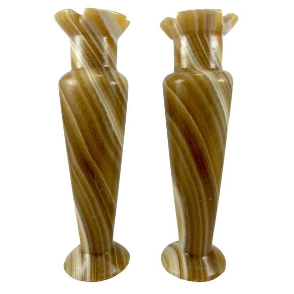 Vintage Egyptian Alabaster Marble Onyx Vases Candle Holders Set of 2 Handmade - Picture 9 of 13
